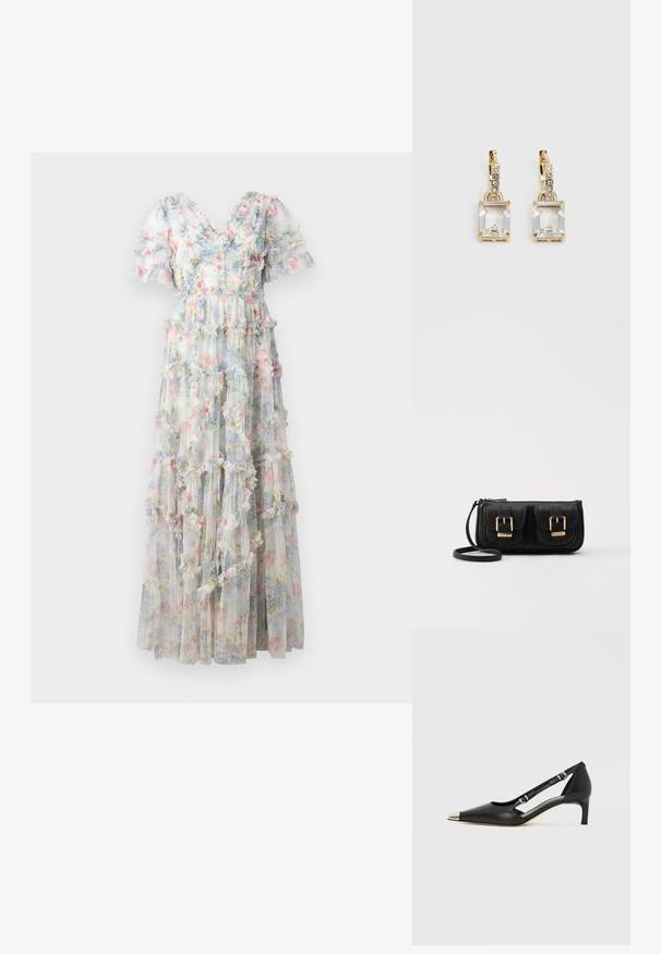 Maxi dress made of sheer fabric with a floral pattern in pastel colors. Features tiered ruffles and short puff sleeves, V-neck design.; Black leather kitten heel with pointed silver toe cap and dual buckle straps on a white background.; Black leather crossbody bag with two front pockets, gold buckles, zipper closure, and a slim strap. Textured surface and compact rectangular shape.; Gold-tone earrings featuring a rectangular, clear crystal dangling below a row of small, round clear accents. Sleek, modern design.