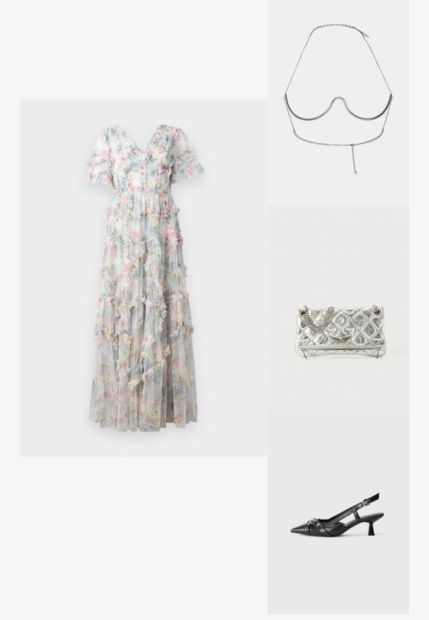 Maxijurk van doorschijnende stof met een bloemenpatroon in pastelkleuren. Voorzien van gelaagde volants en korte pofmouwen, met een V-hals ontwerp.; Zwarte leren slingback schoen met een puntige neus, decoratieve banden met metalen oogjes en een lage blokhak. Textuur oppervlak.; Zilverkleurige metalen handtas met kettinghandgreep, gequiltte textuur, decoratieve stiksels en een ritssluiting. Kenmerkt gegraveerde accenten aan de voorkant.; Cult Gaia ASHA BODY JEWELRY - Overige accessoires - bright shiny silver-coloured