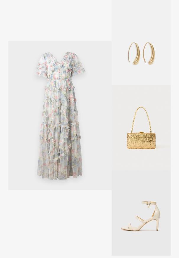 Abito lungo realizzato in tessuto trasparente con motivo floreale in colori pastello. Presenta volant a strati e maniche a sbuffo corte, design a scollo a V.; Sandali con tacco alto beige, dotati di una sottile cinghia alla caviglia e due cinturini superiori. Finitura lucida in vernice e dettaglio in hardware dorato sulla cinghia alla caviglia.; Clutch oro in paillettes con forma rettangolare, dotata di una maniglia in catena attorcigliata e una chiusura a scatto in metallo, che riflette la luce con una finitura testurizzata.; Orecchini a cerchio in metallo color oro con forma curva ed allungata. Presentano una superficie liscia e lucida e una punta arrotondata per un tocco di dettaglio in più.