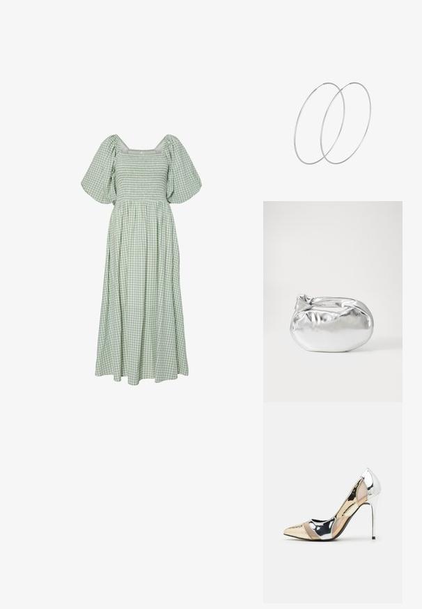 Zeleni gingham obleka s kvadratnim izrezom, kratkimi napihnjenimi rokavi, nabranim korzetom in tekočim krilom. Narejena iz lahkega bombažnega blaga.; Čevlji z visoko peto in konico, v barvni kombinaciji srebrne, zlate in nude. Sijajna obdelava z izrezljanim dizajnom, z igličasto peto.; Srebrna kovinska torbica z mehko, zaobljeno obliko in zavezano zgornjo zaporo. Narejena iz gladkega umetnega usnja.; Srebrne uhane v obliki obroča z minimalističnim dizajnom. Krožna oblika, gladka tekstura in tanek profil. Lahki s poliranim zaključkom.