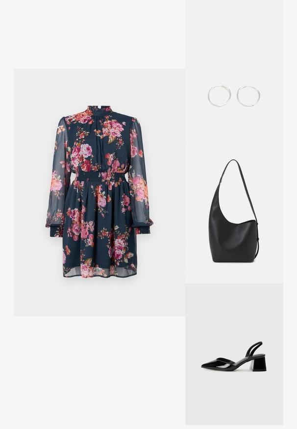 Rochie florală de culoare bleu închis, cu mâneci lungi dintr-un material transparent. Dispune de un brâu elastic și gât înalt. Decorată cu modele de flori roz și portocalii.; Pantofi cu toc slingback din piele lacuită neagră, cu vârf ascuțit și toc geometric. Prezintă un design elegant, minimalist și o textură netedă.; Geantă hobo din piele neagră, cu o textură netedă, formă curbată și un singur bretele ajustabil; are o deschidere largă în partea de sus.; Cercei din argint cu un design elegant și rotund, având o suprafață netedă și fără embellismente vizibile. Diametrul nu este specificat.
