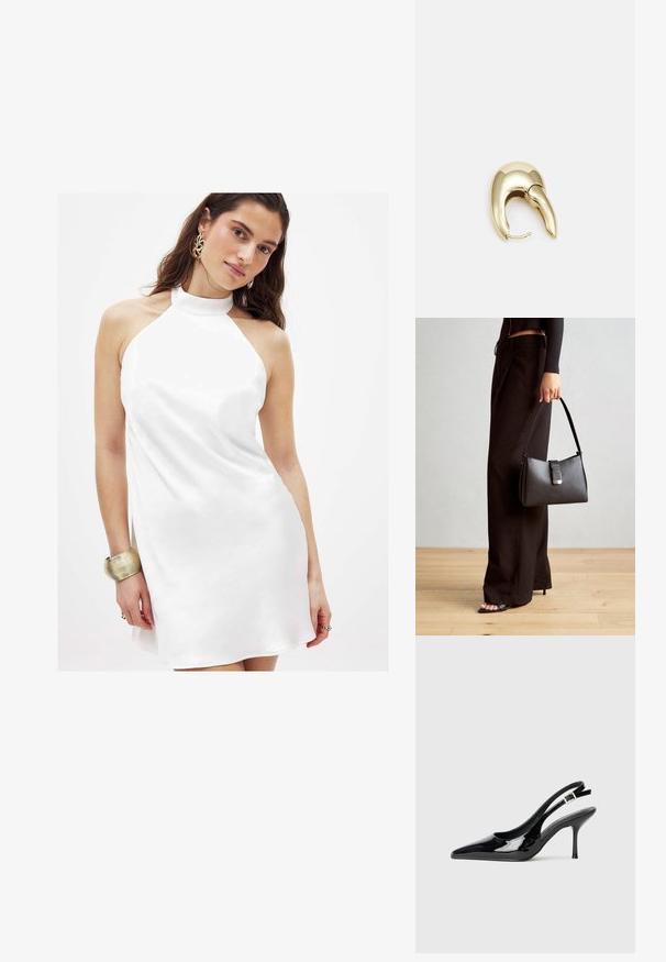 Biała sukienka na szyi wykonana z gładkiego materiału, z lekko rozszerzanym krojem i wysokim dekoltem, podkreślona metalową bransoletką.; Czarne lakierowane czółenka na słupku z wąskim noskiem i smukłym obcasem. Posiadają regulowany pasek z klamrą z tyłu. Gładka faktura.; Czarna torebka o usztywnionym kształcie, gładkiej fakturze i metalowym zapięciem. Połączona z szerokimi czarnymi spodniami i sandałami na otwartym palcu na drewnianej podłodze.; Złote metalowe kolczyki o eleganckim, zakrzywionym kształcie. Posiadają charakterystyczny szpiczasty kształt, polerowaną powierzchnię oraz zapięcie na zawias.