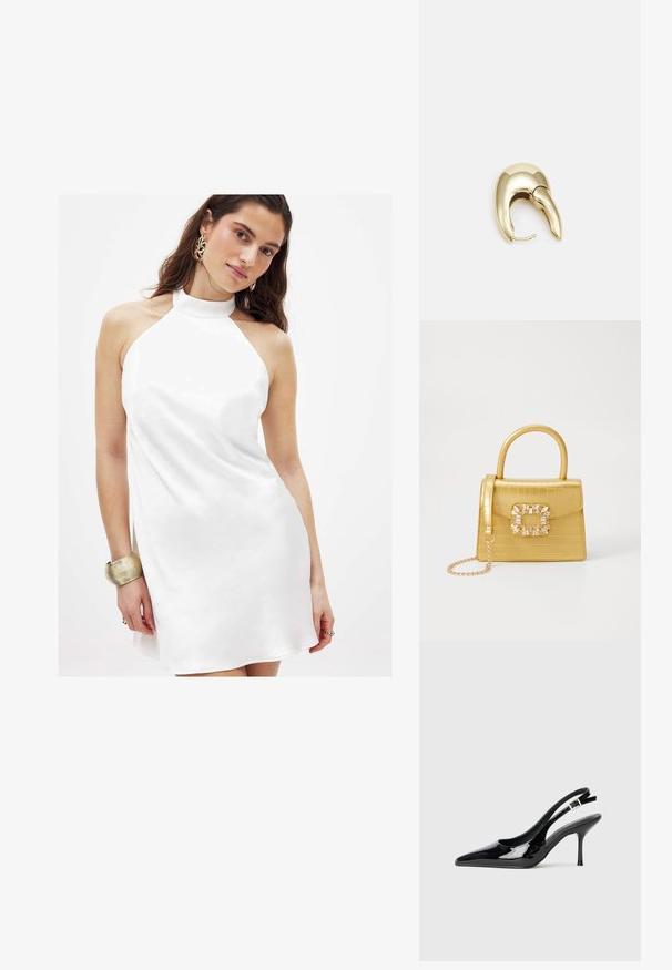 Biely šaty s halter krkom vyrobené z hladkej tkaniny, s mierne rozšíreným strihom a vysokým golierom, doplnené o kovový náramok.; Čierne lakované slingback lodičky s špicatou špičkou a štíhlým podpätkom. Obsahujú nastaviteľný remienok so sponou na zadnej strane. Hladký povrch.; Žltá falošná krokodília kabelka so štruktúrovaným dizajnom, horným držadlom, odnímateľným reťazovým popruhom a dekoratívnym kryštálovým ozdobením na zapínaní.; Náušnice z kovu v zlatej farbe s elegantným, zakriveným dizajnom. Majú charakteristický špicatý tvar, leštený povrch a uzáver na pánt.
