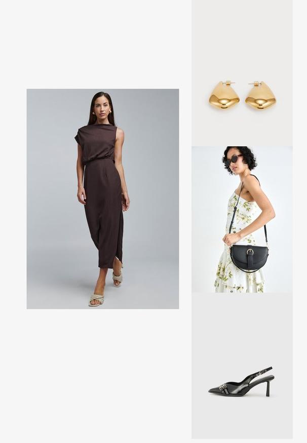 Robe marron côtelée sans manches avec une taille froncée et une fente latérale. Associée à des sandales légères tissées et des boucles d'oreilles simples. Texture lisse.; Chaussure slingback en cuir verni noir avec un embout pointu, des brides de cheville avec des boucles en argent et des éléments en métal, et un talon fin.; Sac à main en cuir noir avec une forme courbée, bandoulière amovible et des accessoires en or. Le sac est doté d'un rabat avec un détail de boucle.; Boucles d'oreilles en métal doré avec une forme triangulaire lisse et arrondie et un design à attache de tige ; surface réfléchissante avec un minimum de détails.