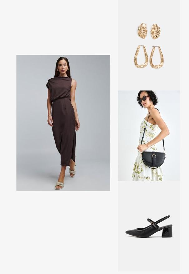 Brun, ribbet, ærmeløs kjole med en indsnævret talje og sidelommer. Kombineret med lyse, flettede sandaler og enkle øreringe. Glat tekstur.; Sorte patentlæder slingback hæle med spids tå, rund udskæring og blokhæl. Har en guldtonet spændeaccents.; Sort læderhåndtaske med en buet form, aftagelig rem og guldfinish. Tasken har en klap med en spænde detalje.; Guldtonede øreringe med teksturerede, bølgede former. Inkluderer skulpturelle clips og en åben ringdesign med en hamret finish.