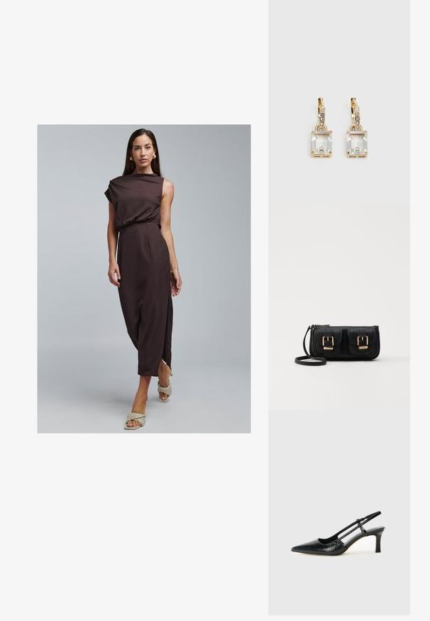 Brun, ribbet, ærmeløs kjole med en indsnævret talje og sidelommer. Kombineret med lyse, flettede sandaler og enkle øreringe. Glat tekstur.; Sorte patent slingback hæl med spids tå, prydet med tekstureret slangeskindsmønster, justerbar rem og en kort, tekstureret blokhæl.; Sort læder crossbody taske med to frontlommer, guldspænder, lynlåslukning og en slank rem. Struktureret overflade og kompakt rektangulær form.; Guldtonede øreringe med et rektangulært, klart krystal, der hænger under en række af små, runde klare accenter. Elegant, moderne design.