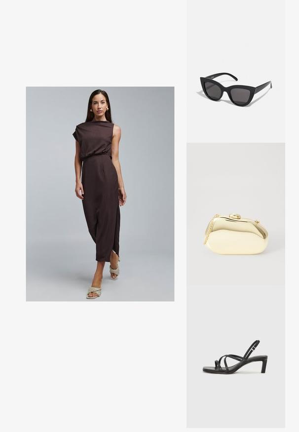 Brun, ribbet, ærmeløs kjole med en indsnævret talje og sidelommer. Kombineret med lyse, flettede sandaler og enkle øreringe. Glat tekstur.; Sort remsandale med firkantet tå og en lav blokeret hæl. Har flere tynde stropper og en justerbar ankelrem. Fremstillet af glat læder.; Sorte cat-eye solbriller med mat finish, der har grå tonede linser, skarpe vinkler og slanke sidearme. Mærkenavnet er synligt på den indre arm.; Metallic guld clutch med en glat, rund form, udstyret med en topknap-lås og et lille kædehåndtag til bæring.
