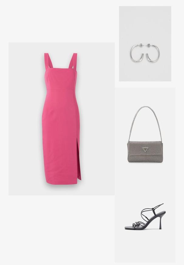 Fekvő rózsaszín ruha széles pántokkal, négyzet alakú dekoltázs, térdhez érő, oldalsó hasítékkal, sima anyagból, amelyen nincsenek látható minták.; Fekete magas sarkú szandálok vékony pántokkal, csomózott mintával, sima négyzetes orral és karcsú stiletto sarkal rendelkeznek.; Világosszürke fémes kézitáska lánc pánttal, kis kör alakú fém kifinomult díszítéssel és háromszög alakú márkagéppel.; Ezüst karika fülbevalók sima, fényes felülettel. Lekerekített forma, könnyű kialakítással, tűs zárómechanizmussal.