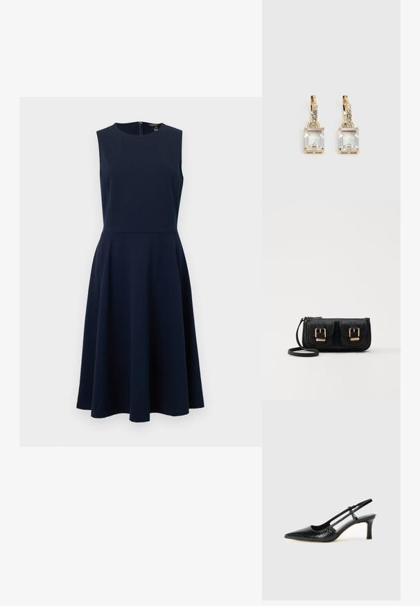 Tmavě modré šaty bez rukávů z hladké látky, s přiléhavým živůtkem a rozšířenou sukní. Mají bezešvý zadní zip pro zapínání.; Černé lakované slingback podpatky s špičatou špičkou, zdobené texturovaným hadím vzorem, nastavovacím páskem a krátkým texturovaným blokovým podpatkem.; Černá kožená crossbody taška se dvěma předními kapsami, zlatými přezkami, zipovým uzávěrem a štíhlým popruhem. Texturovaný povrch a kompaktní obdélníkový tvar.; Náušnice ve zlatém odstínu s obdélníkovým, průhledným krystalem zavěšeným pod řadou malých, kulatých průhledných akcentů. Elegantní, moderní design.