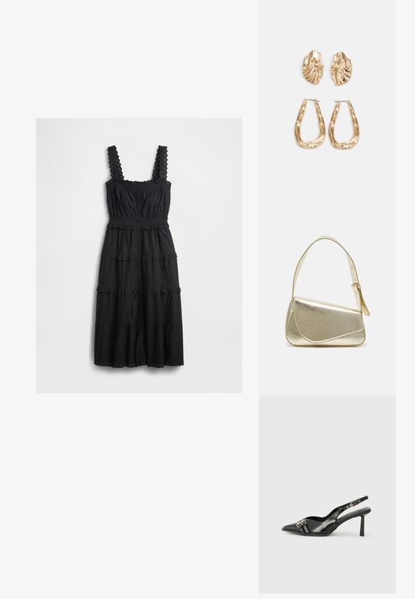 Rochie neagră, stratificată, dintr-un material texturat, cu accente de dantelă pe bretele și pe bust, având un gât cu nasturi și marginile zimțate.; Pantofii slingback din piele lăcuită neagră, cu vârf ascuțit, bretele pentru gleznă cu catarame și accesorii din argint, și un toc subțire.; Geantă de umăr metalică aurie cu un design structurat, textură netedă și curea reglabilă. Prezintă o formă triangulară unică și cusături minimaliste.; Cercei aurii cu forme texturate și ondulate. Include studs sculpturale cu clip și un design de cerc deschis cu un finisaj cioplit.
