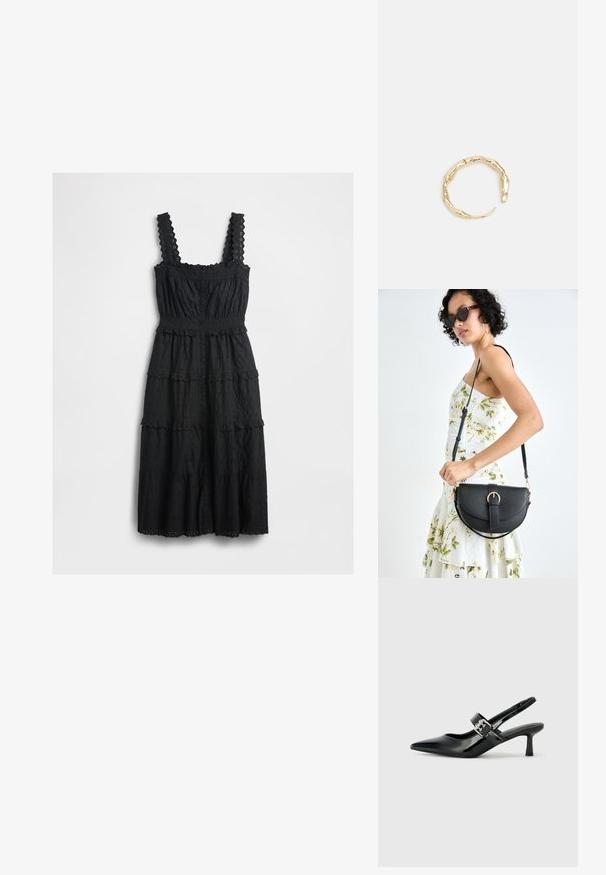 Melnā, slāņu kleita, kas izgatavota no teksturēta auduma, ar mežģīņu akcentiem uz siksnām un piedurknes, ar pogu aizdari un viļņotām malām.; Melnas lakotas ādas sūkņa kurpes ar norādītu purngali un mazu bloku papēdi, ar sudraba sprādzi akcentā uz jostas.; Melnas ādas rokassoma ar izliekta formu, noņemamu siksnu un zelta aksesuāriem. Somai ir vāciņš ar sprādzes detaļu.; Zelta toņa gredzens ar organisku, vērptu dizainu, gludu virsmu un sašaurinātiem galiem, radot mūsdienīgu, skulpturālu izskatu.