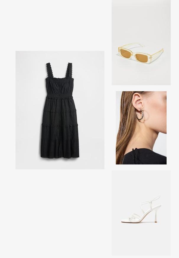 Črna, večplastna obleka iz teksturiranega blaga, ki vsebuje čipkaste poudarke na trakih in korzetu, z gumbastim zapenjanjem spredaj in valovitimi robovi.; Bela sandala na visoki pet z zavezanimi trakovi, z ravnim podplatom, teksturirano sprednjo stranjo z nabranimi detajli in ozkim gležnjenjem.; Prizmačna sončna očala z prosojnim rumenim okvirjem in rjavimi lečami. Ročke so opremljene s subtilnim logotipom in gladko, sijajno teksturo.; Srebrna obročasta uhana s polirano površino, ki vključuje majhne zlate poudarke in okroglo obliko, nošena na ušesnem lobu.