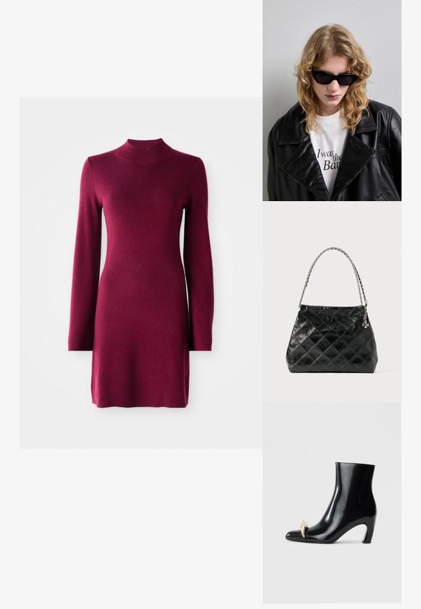 Abito a maniche lunghe in maglia bordeaux aderente con colletto alto, orlo dritto e texture liscia su uno sfondo semplice.; Stivale nero alla caviglia in pelle lucida, con punta affusolata e un accento decorativo in oro e argento nella parte anteriore. Design con tacco a blocco.; Occhiali da sole neri con un design elegante e angolare. Il modello indossa una giacca di pelle nera sopra una camicia bianca con testo stampato, su uno sfondo neutro.; Borsa a tracolla nera in pelle trapuntata con manico a catena argentata, caratterizzata da un design strutturato e una texture liscia.