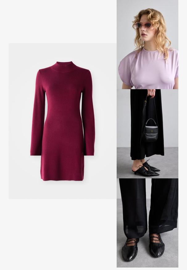 Abito a maniche lunghe in maglia bordeaux aderente con colletto alto, orlo dritto e texture liscia su uno sfondo semplice.; MIISTA AVERIE - Ballerine con cinturino - black; Occhiali da sole rosa con montatura geometrica, abbinati a un top morbido lavanda con scollatura rotonda e maniche a cappuccio.; Piccolo borsetta in pelle nera di forma rotonda, con maniglia superiore e tracolla removibile. Abbinata a un vestito in tessuto nero e scarpe a pieghe nere.
