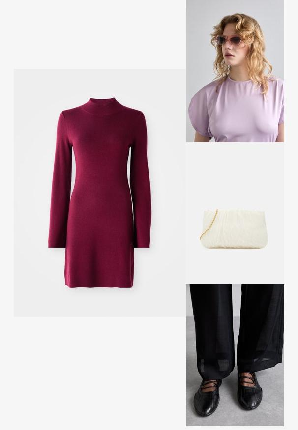 Abito a maniche lunghe in maglia bordeaux aderente con colletto alto, orlo dritto e texture liscia su uno sfondo semplice.; MIISTA AVERIE - Ballerine con cinturino - black; Occhiali da sole rosa con montatura geometrica, abbinati a un top morbido lavanda con scollatura rotonda e maniche a cappuccio.; Clutch bianco con texture e design arricciato, dotato di una tracolla in catena dorata. Finitura liscia con leggere ondulazioni e bordi arrotondati.