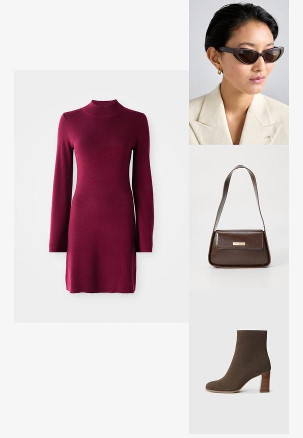 Pikkade varrukate ja kehakujulise burgundia värvi kudum dress, millel on valetikk ja sirge alläärega, siledal taustal.; Pruun suede pahkluu saabas ümmarguse varbaga ja korduvate tekstuuritega kontsaga. Sile välimus ilma nähtavate sulgude või kaunistusteta.; Pruunid kass silmadega päikeseprillid tumedate läätsedega, paksude raamidega ja siledat tekstuuri, koos beeži bleiseri ja kuldsete rõngas kõrvarõngastega.; Pruun nahast õlalina, millel on struktureeritud kuju, magnetist klapiga sulgemine ja esiküljel metallne logo aksessuaar.