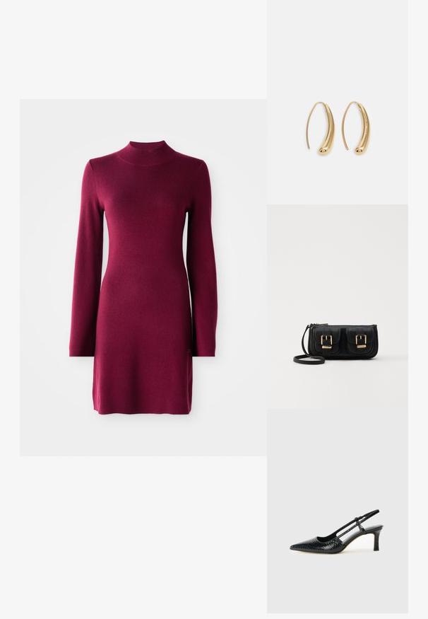 Pikkade varrukate ja kehakujulise burgundia värvi kudum dress, millel on valetikk ja sirge alläärega, siledal taustal.; Mustmust paelad, millel on terav varvas, tekstuuriga maduprindiga, reguleeritav rihm ja lühike tekstuuriga plokknina.; Must küllastamata nahast õlakott, millel on kaks esist nähtavat taskut, kuldsed pandlad, tõmblukuga sulgemine ja peen rihm. Tekstuuriga pind ja kompaktne ristkülikukujuline kuju.; Kuldtoonilised metallist rõngas kõrvarõngad, millel on kõver ja piklik kuju. Omavad siledat, läikivat pinda ja ümarat tipptugevdust, mis lisab detaili.