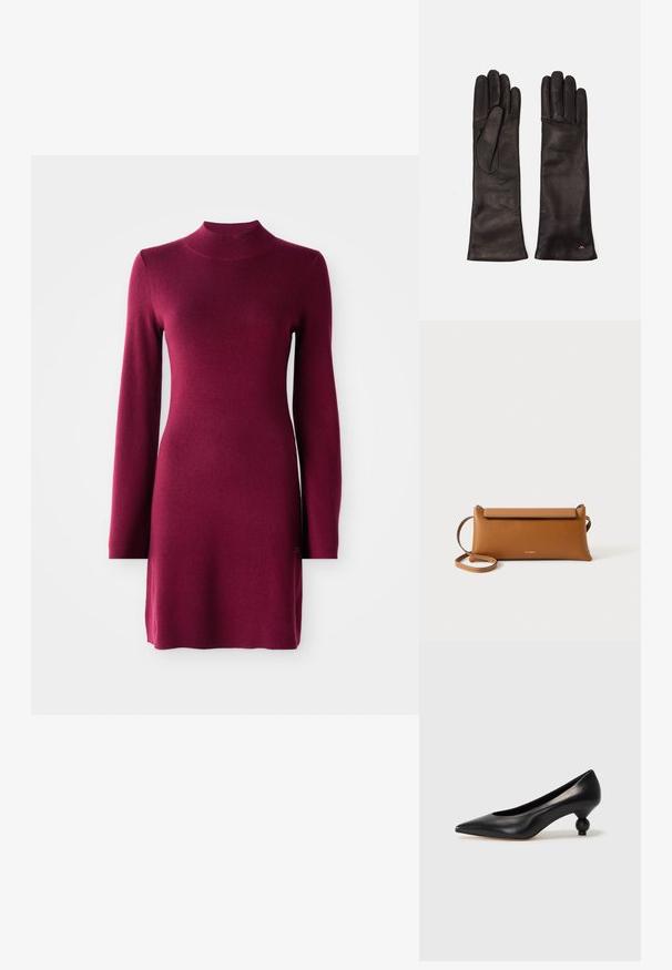 Langärmliges, eng anliegendes burgunderfarbenes Strickkleid mit Stehkragen, geradem Saum und glatter Textur auf einem einfarbigen Hintergrund.; Schwarze Leder-Pumps mit spitzem Zehenbereich und runder, ballförmiger Ferse. Glatte Textur mit einem eleganten, minimalistischen Design.; Braune Leder-Clutch-Tasche, rechteckige Form, strukturierte Oberfläche, abnehmbarer Tragegurt, Reißverschlussverschluss, dezentes Logo auf der Vorderseite geprägt.; WEEKEND MaxMara SENAPE - Fingerhandschuh - nero