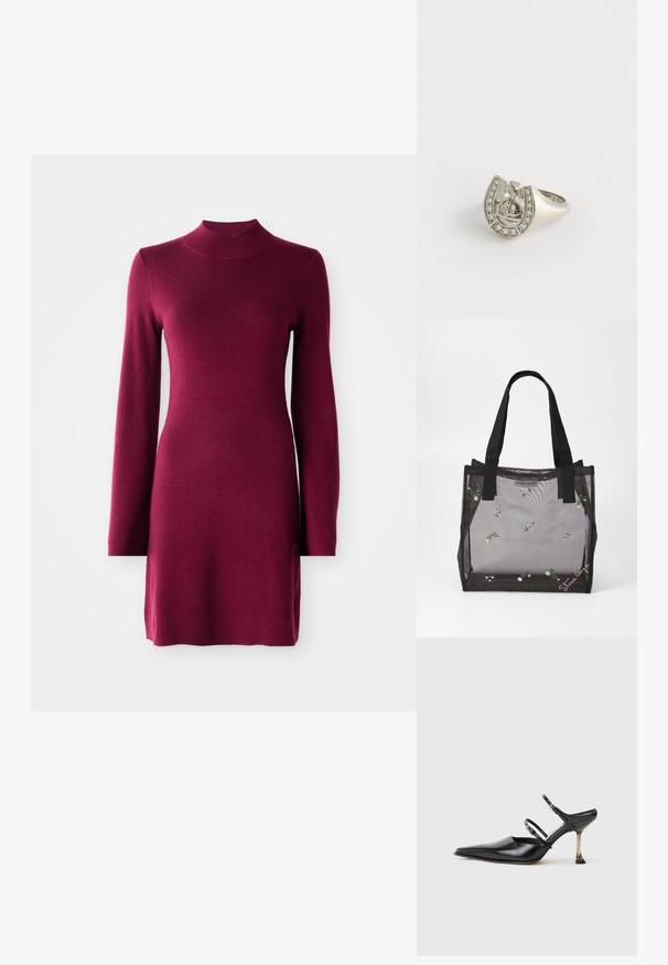 Pikkade varrukate ja kehakujulise burgundia värvi kudum dress, millel on valetikk ja sirge alläärega, siledal taustal.; Must musta otsaga slingback kingad kahe reguleeritava rihmaga ja metallist kontsaga. Sujuv tekstuur ja minimalistlik disain.; Mustast võrkkotist, millel on tikitud lillemustrid, tugevate mustade käepidemete ja esifassaadil oleva logo sildiga. Poolläbipaistvast materjalist.; Hõbedane rõngas, mille kuju on nagu hobuseraud, kaunistatud väikeste selgete kalliskividega välisküljel ja keskel ristiga kujund.