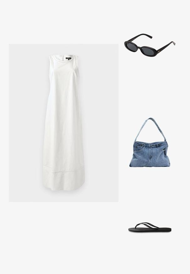 Ujjatlan, sima textúrájú fehér ruha, amelynek egyszerű kialakítása van, és egyenes vonalú sziluettjével finom varrási részleteket mutat az alján.; Fekete papucs texturált gumitalppal, két vékony pánttal és finom, domború logóval a pánton.; Fekete, oversize napszemüveg ovális lencsékkel, sima műanyag kerettel és arany részletekkel a fülpánton. Sötét lencséi védelmet nyújtanak a napfény ellen.; Farmer vászontáska ívelt pánttal, két elülső zsebbel és gombos felső résszel, világoskék anyagból, kontrasztos varrási részletekkel.