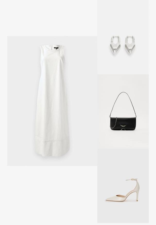 Bez piedurknēm, balta kleita, kas izgatavota no auduma ar gludu tekstūru, ar vienkāršu dizainu un taisnu siluetu, ar smalkiem šuvumiem ap apakšu.; Baltas ādas augstpapēžu kurpes ar smailu purngala daļu, potītes siksniņu un šauru stiletto papēdi. Gluda tekstūra ar smalku spīdumu.; Melnas ādas rokassomā ar sudraba ķēdes siksnu, kurai ir dekoratīvi spārnu akcenti un baltā šuvēšana apakšējā šuvē.; Sudraba sirdī formas piekariņi ar iegravētiem "JĀ" un "NĒ" tekstiem, pulēta apdare, simetrisks dizains un izturīgs metāla aizdare.