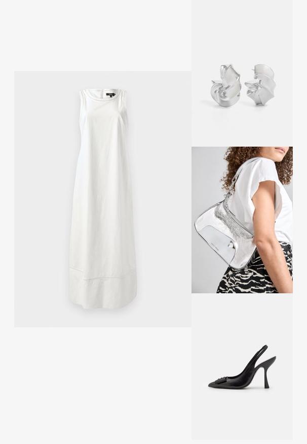 Bez piedurknēm, balta kleita, kas izgatavota no auduma ar gludu tekstūru, ar vienkāršu dizainu un taisnu siluetu, ar smalkiem šuvumiem ap apakšu.; Melnas ādas sārta kurpes ar smailu purngalu, šauru augstu papēdi un dekoratīvu loku akcentu. Gluda tekstūra un elegants dizains.; Sudrabaini metāla plecu soma ar gludu tekstūru, izliekta dizaina, ķēdes siksnu un pulētu priekšējo paneli ar smalku logotipa gravējumu.; Sudeļi ar plūstošu spirālveida dizainu. Gluda tekstūra ar pulētu apdari. Iezīmējas ar maigu spīdumu un nav redzamu rotājumu.