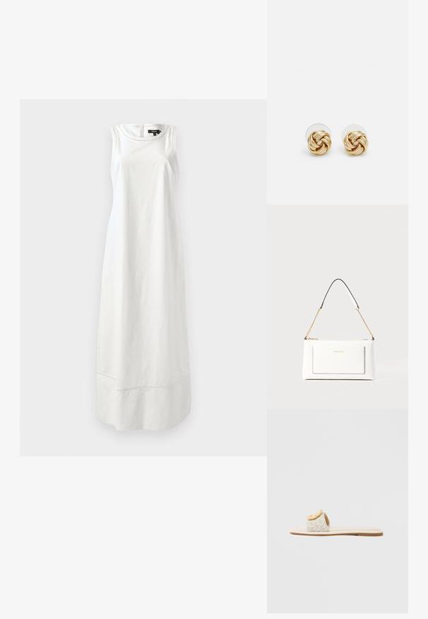 Mouwloze witte jurk van stof met een gladde textuur, met een eenvoudig ontwerp en een rechte silhouet met subtiele stiksels aan de zoom.; Slide-sandaal met een beige band met een geometrisch patroon, een afgeronde gele accent op de bovenzijde en een platte, lichte zool.; Witte leren handtas met een textuurafwerking, voorzien van een gouden schouderhengsel en zwarte accenten. Inclusief een voorvak en ritssluiting.; Gouden knoopstuds met een gedraaide design. Elke oorring heeft een ronde transparante achterkant voor een veilige draagervaring.
