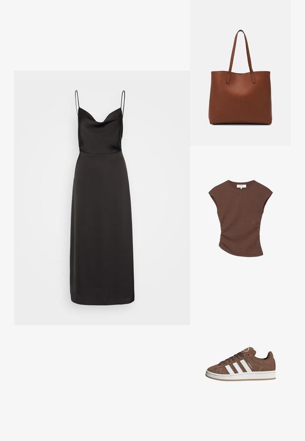 Mustapuku satiinimekko, jossa on tiukka pääll bodice, leveä kaula-aukko ja ohuet spagettiolkain. Hame virtaa nilkkapituuteen, ja siinä on sileä rakenne.; Ruskea ribbipintainen lyhythihainen paita, jossa on hieman kaareva helma. Pehmeä rakenne ja rento istuvuus, jossa on pyöreä pääntie ja vähäiset saumat.; Valkoiset nahkareunat ja ruskeat samettikankaiset tennarit, joissa on kumipohja, pyöreä kärki ja nauhakiinnitys edessä. Kengissä on logo kielekkeessä ja rei'itettyjä yksityiskohtia.; Ruskea nahkainen olkalaukku, jossa on sileä pinta, avoin yläosa ja kaksi olkahihnaa. Omaavat vain minimaalisen ompelun eikä näkyvää metalliosaa.