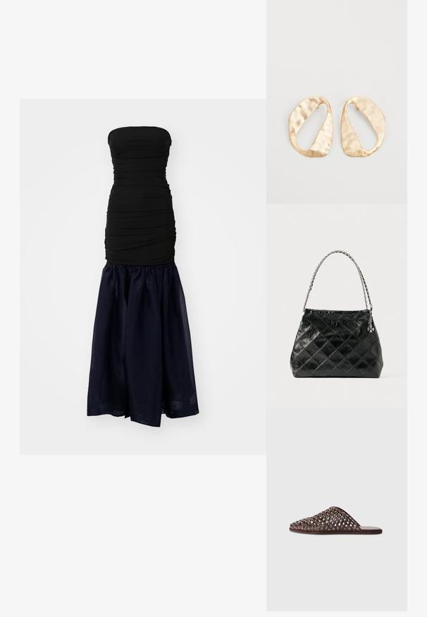 STAUD LIYA DRESS - Alkalmi viselet - black/navy; Barna szőtt csúsztatós szandál lekerekített orral, nyitott dizájnnal, lapos talppal és texturált felülettel. Könnyű anyag és minimalista sziluett.; Fekete, steppelt bőr kézitáska ezüst láncos fogantyúval, strukturált kialakítással és sima textúrával.; Egy pár szabálytalan, ovális formájú, aranyszínű fém fülbevaló, enyhén kalapált felülettel, fehér háttéren.