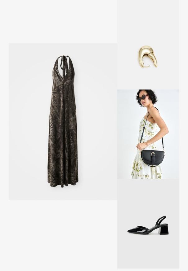 Dlouhé, tmavě šedé šaty bez rukávů z měkké, zmačkané tkaniny, s hlubokým výstřihem do V a nastavitelnými ramínky, splývající až k ankám.; Černé lakované kožené lodičky na pásku s špičatou špičkou a geometrickým blokovým podpatkem. Vyznačují se elegantním, minimalistickým designem a hladkým povrchem.; Černá kožená kabelka s křivkovým tvarem, odnímatelným popruhem a zlatými detaily. Kabelka má klopu s přezkou.; Náušnice ve zlatém tónu z kovu s elegantním zakřiveným designem. Vyznačují se jedinečným špičatým tvarem, lesklým povrchem a závěsem na kloub.