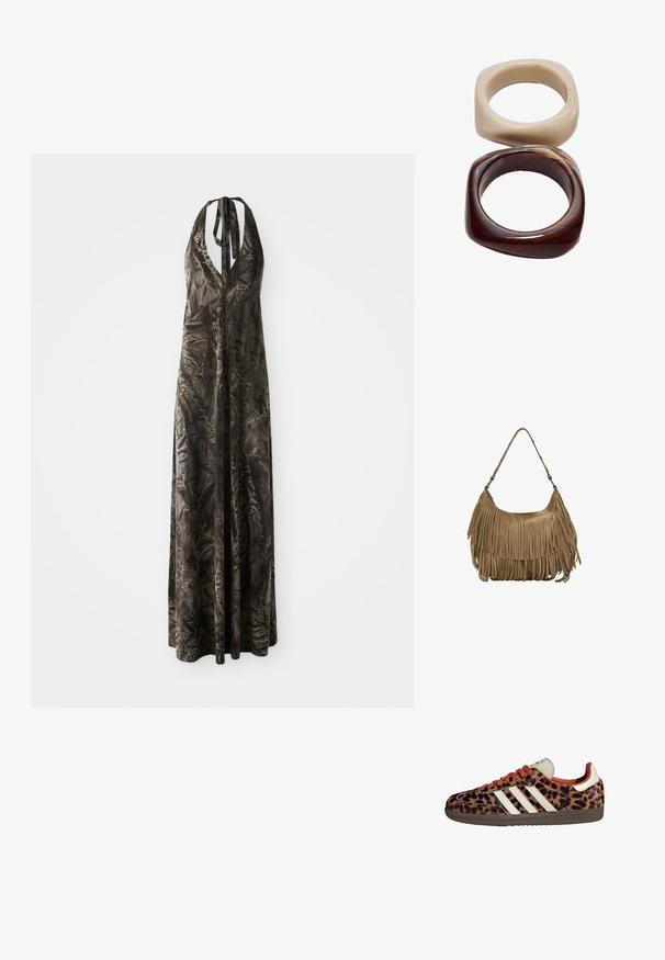 Pitkä, tummanharmaa halterneck-mekko pehmeästä, ryppyisestä kankaasta, syvällä V-kauluksella ja säädettävillä olkaimilla, virtaamassa nilkkoihin saakka.; Tennarit leopardikuosisesta mikrokuidusta, joissa on punaiset nauhat ja kolme valkoista raitaa sivuilla. Ominaisuuksina kermaisen värinen kieli ja ruskea pohja.; Ruskea mokkanahkainen käsilaukku, jossa on pitkät fringer yksityiskohdat, kaareva muoto ja yksi olkahihna. Pinta on sileä ja teksturoitu.; Stradivarius SET - Rannekoru - dark brown