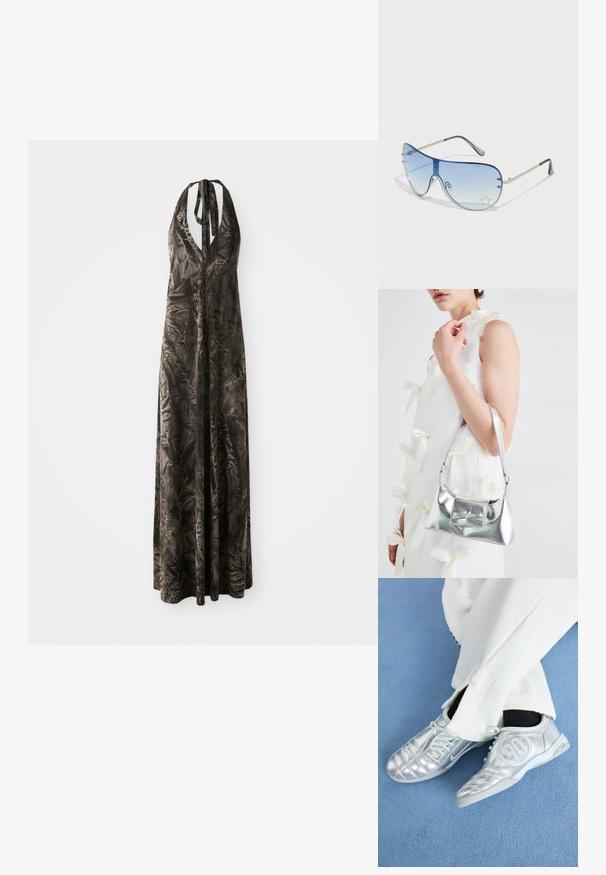 Długa, ciemnoszara sukienka na ramiączkach z miękkiego, marszczonego materiału, z głębokim dekoltem w kształcie litery V i regulowanymi ramiączkami, opadająca do kostek.; Srebrne buty sportowe o gładkim, błyszczącym wykończeniu, z wyszywanym wzorem i numerem 90 po boku, zestawione z białymi spodniami.; Okulary przeciwsłoneczne typu aviator z gradientowymi niebieskimi szkłami, srebrną metalową oprawą oraz dekoracyjnymi akcentami w kształcie gwiazdek na soczewkach. Gładki i elegancki design.; Srebrna metaliczna torebka o strukturalnym kształcie, wyposażona w górną rączkę i detal w postaci kokardy z przodu. Gładka tekstura, odbijające światło wykończenie.