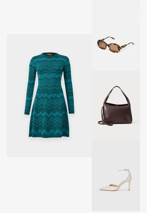 Trikotažinė suknelė žalsvai mėlynos spalvos, su zigzagų raštu, su ilgomis rankovėmis ir apvaliu iškirpimu. Ji turi prigludusį bodį ir švelniai plačią sijoną.; Balti odiniai aukštakulniai batai su smailiu priekiniu galu, kulkšnies dirželiu ir siauru stiletu. Lygi tekstūra su subtiliu blizgiu paviršiumi.; CHLOÉ Akiniai nuo saulės - havana; Ruda odinė rankinė su struktūrine forma, turinti vieną viršutinę rankeną ir nuimamo peties dirželį. Auksinės spalvos detalės.