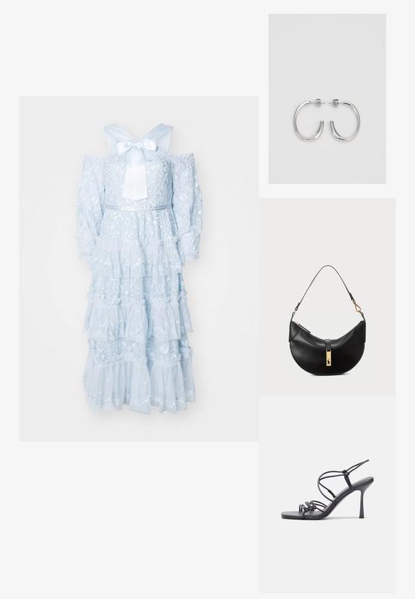 Vaaleansininen kerroksellinen mekko, joka on valmistettu läpinäkyvästä kankaasta, jossa on kukka-ompelu, olkapäiltä avonaiset hihat ja suuri satiinikaari takana.; Mustat korkokengät sandaalit, joissa on ohuet hihnat solmittuna, sileä neliön muotoinen varvasosa ja tyylikäs stiletto-korko.; Musta nahkalaukku puolikuun muotoisena. Varustettu kultaisilla yksityiskohdilla ja kapealla hihnalla. Tasainen pinta, vetoketjukiinnitys ylhäällä.; Hopeiset korvarenkaat, joissa on sileä ja kiiltävä pinta, kaareva muoto ja piikkikiinnitys. Minimalistinen muotoilu modernilla viimeistelyllä.