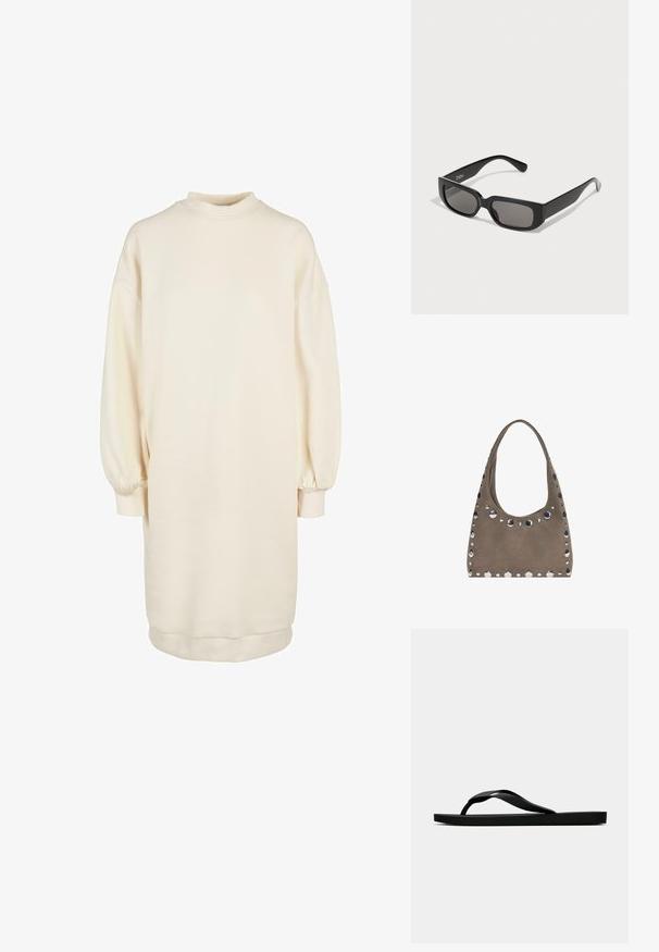 Lys beige pullover kjole med høj hals, lange pufærmer, ribbede manchetter og lige silhuet, lavet af blød bomuldsblandingsstof.; Sorte gummiflip-flopsandaler med en tekstureret rem og simpel flad sål, vist fra siden på en lys ensfarvet baggrund.; Sorte rektangulære solbriller med gråtonede linser, lavet af glat plastik. Har et minimalistisk design med lige arme og subtil branding.; PULL&BEAR SHOPPER - Shopping bags - grey