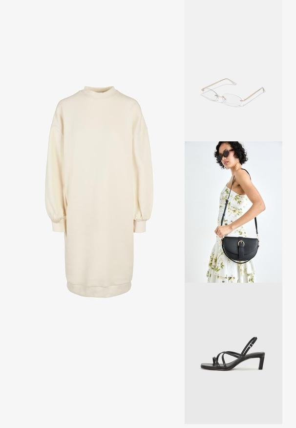 Kerge beež pullover kleit kõrge kaelusega, pikad puhvis varrukad, soonikkoes mansetid ja sirge siluett, valmistatud pehmest puuvillaseguste kangast.; Mustast rihmajalatsid ruudukujulise varba ja madala ploki kontsaga. Omab mitmeid õhukesi rihmasid ja reguleeritavat pahkluu rihma. Valmistatud siledast nahast.; Kuldne metallist prillid ovaalsete läätsede, kitsaste sanga ja selgete nina padjadega. Omab tagasihoidlikke hinge aktsente ja läbipaistvaid läätsi.; Mustmust mustraha kõverate joontega, eemaldatava rihmaga ja kuldsete detailidega. Kotil on klapp, millel on pandladetail.