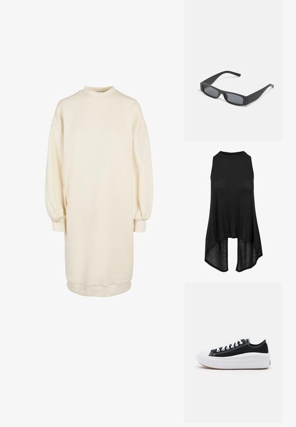 Rochie pulover bej deschis cu guler înalt, mâneci lungi voluminoase, manșete ribbate și o siluetă dreaptă, realizată dintr-un amestec moale de bumbac.; Top negru fără mâneci, cu un gât înalt, dintr-un material ușor, cu o croială lejeră și un tiv asimetric, mai lung în spate.; Adidași negri din pânză cu șireturi albe, vârf alb din cauciuc și o talpă medie groasă albă. Prezintă cusături subtile albe și o talpă din cauciuc.; Ochelari de soare negri, cu lentile întunecate și rame groase mate. Brațele sunt ușor conice, cu o textură netedă.