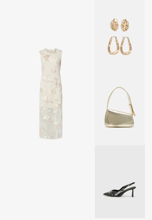 Vestido sem mangas em creme com delicadas bordaduras florais em bege, apresentando uma silhueta longa e fluida, com uma leve sobreposição translúcida.; Sapato slingback preto em pele patentada com bico apontado, tiras no tornozelo apresentando fivelas e acessórios prateados, e um salto elegante.; Bolsa de mão metálica dourada com um design estruturado, textura suave e alça ajustável. Apresenta uma forma triangular única e costura minimalista.; Brincos em tom de ouro com formas onduladas e texturizadas. Inclui studs escultóricos com presilha e um design de argola aberta com um acabamento martelado.