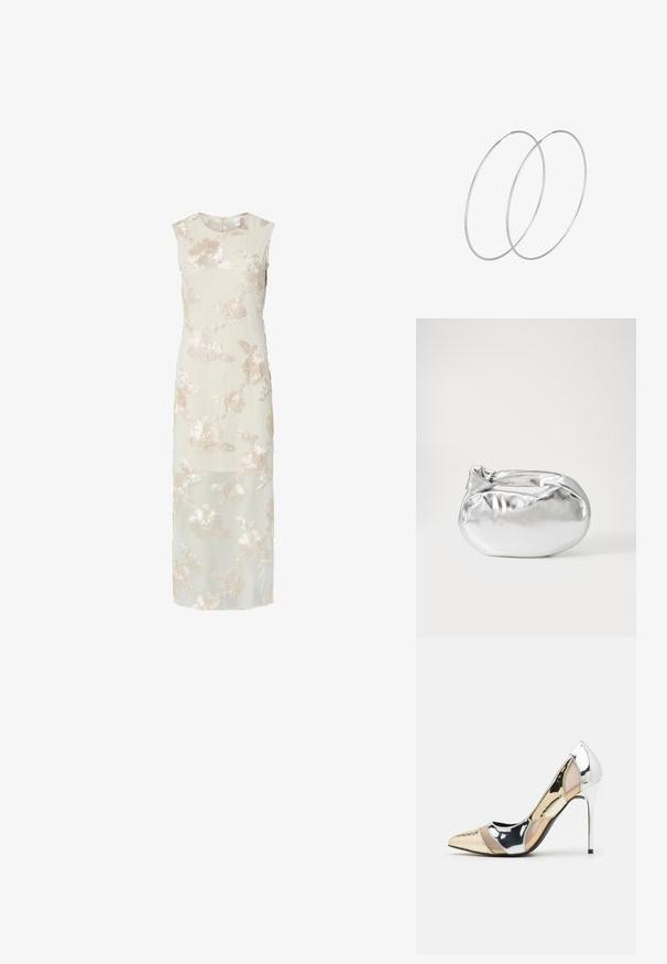 Krémové bezramínkové šaty s jemným květinovým výšivkou v béžové barvě, s dlouhým, splývavým střihem a jemným průhledným přehozem.; Lodička s špičatou špičkou a kombinací stříbrné, zlaté a tělové barvy. Lesklý povrch s vykrojeným designem, s jehlovým podpatkem.; Stříbrná kovová taška s měkkým, zaobleným tvarem a uzávěrem s uzlem. Vyrobena z hladké umělé kůže.; Stříbrné kruhové náušnice s minimalistickým designem. Kruh, hladký povrch a tenký profil. Lehká konstrukce s lesklým povrchem.