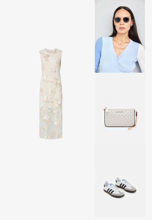 Kremowa sukienka bez rękawów z delikatną haftowaną florą w odcieniu beżowym, o długim, zwiewnym kroju i subtelnej, półprzezroczystej narzutce.; Buty sportowe z białą skórzaną cholewką, szarym zamszowym noskiem i trzema czarnymi paskami. Posiadają niebieskie logo na języku oraz teksturowaną gumową podeszwę.; Okrągłe okulary przeciwsłoneczne z ciemnymi soczewkami i złotymi ramkami. Modelka nosi jasnoniebieski kardigan w prążki z guzikami i białymi rękawami w kontrastowym kolorze.; Portfel na nadgarstek marki Michael Kors w beżowej, pokrytej płótnem, z powtarzającym się wzorem logo MK, złotym okuciem i odpinanym łańcuszkowym paskiem.