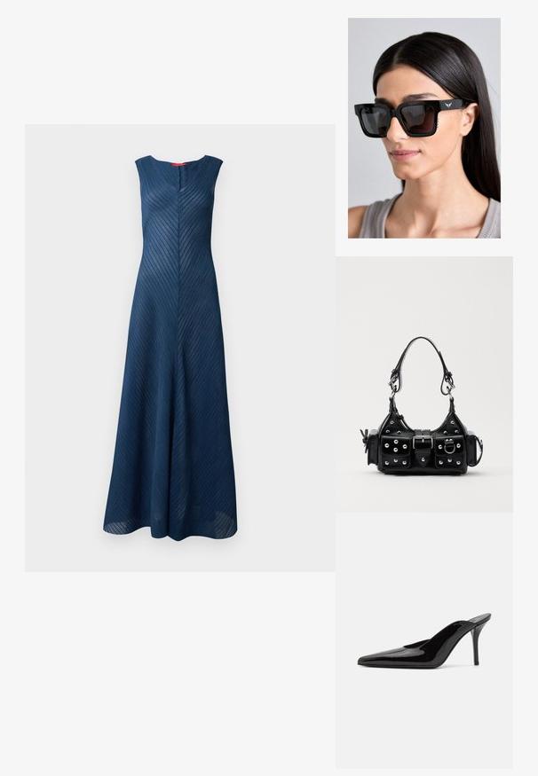 Langes, ärmelloses dunkelblaues Kleid mit einem strukturierten, vertikalen Streifenmuster und einem V-Ausschnitt, das eine taillierte Passform hat und am Saum ausgestellt ist.; Schwarze Lackleder-Pumps mit hohen Absätzen, spitzer Zehenform und schlanker Silhouette, mit offenem Rücken und schlankem Stiletto-Absatz.; Schwarze übergroße Sonnenbrille mit quadratischen Rahmen, dunklen Gläsern und dezentem Flügellogo am Bügel. Mit strukturierten Akzenten an den Seiten.; Schwarze Lederhandtasche mit einem geschwungenen Design, verziert mit silbernen Nieten, einer Schnalle und zwei seitlichen Taschen. Verstellbarer Träger für verschiedene Tragemöglichkeiten.