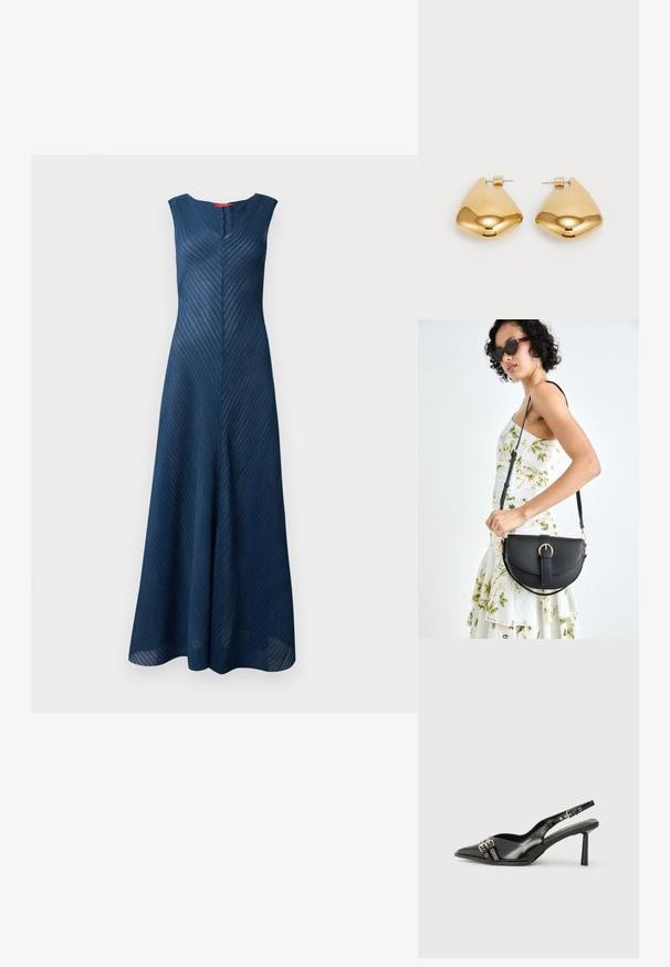 Lang, ærmeløs navykjole med et tekstureret, lodret stribemønster og en V-hals, der har en skræddersyet pasform, der udvider sig forneden.; Sorte patenterede læderslagback sko med spids tå, ankleremme med sølvspænder og hardware samt en slank hæl.; Sort læderhåndtaske med en buet form, aftagelig rem og guldfinish. Tasken har en klap med en spænde detalje.; Guldtonede metaløreringe med en glat, rund trekantet form og post-back design; reflekterende overflade med minimal detaljer.