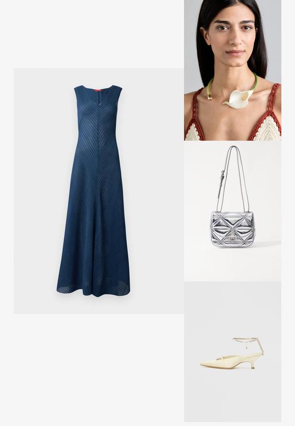 Rochie lungă, fără mâneci, de culoare bleumarin, cu un model texturat de dungi verticale și decolteu în formă de V, având o croială ajustată care se lărgește la baza rochiei.; Pantof cu vârf ascuțit din satin galben, cu toc jos și o curea degleznă decorativă cu lanț și strasuri. Textură netedă, design minim.; Geantă metalică de umăr, argintie, cu un design geometric matlasat, clapetă plată și curea reglabilă cu accente de hardware argintie.; Colier verde tip choker cu un accent de crin, având accesorii din aur. Modelul poartă un top croșetat în nuanțe pământii de roșu și crem.