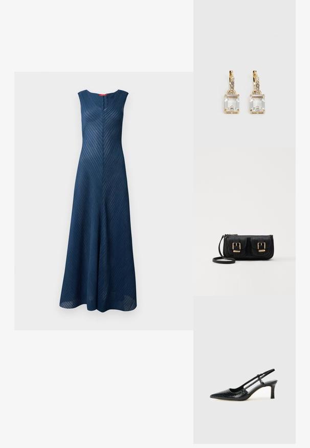 Lang, ærmeløs navykjole med et tekstureret, lodret stribemønster og en V-hals, der har en skræddersyet pasform, der udvider sig forneden.; Sorte patent slingback hæl med spids tå, prydet med tekstureret slangeskindsmønster, justerbar rem og en kort, tekstureret blokhæl.; Sort læder crossbody taske med to frontlommer, guldspænder, lynlåslukning og en slank rem. Struktureret overflade og kompakt rektangulær form.; Guldtonede øreringe med et rektangulært, klart krystal, der hænger under en række af små, runde klare accenter. Elegant, moderne design.