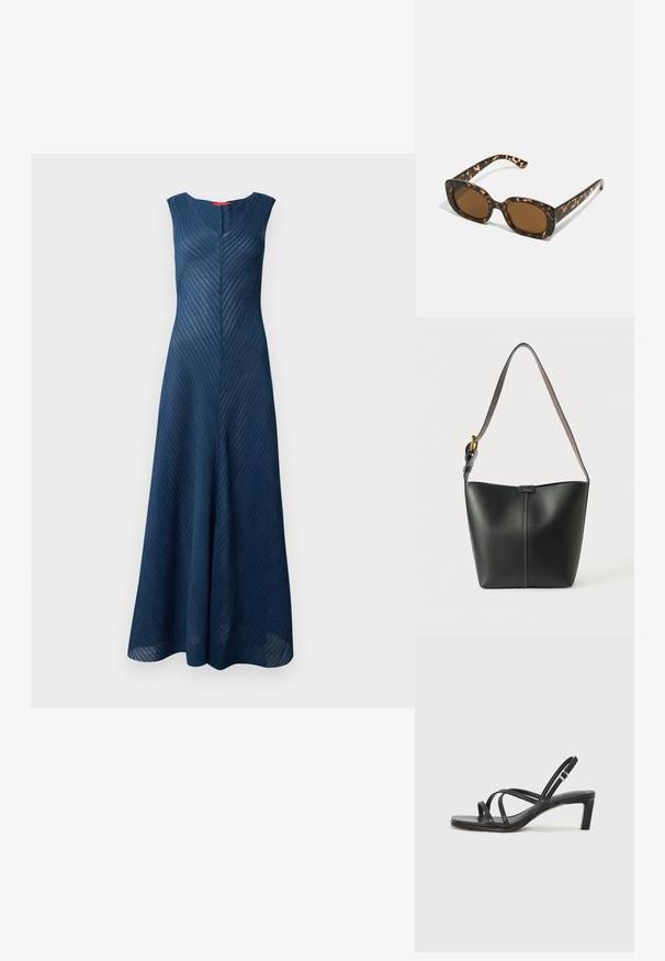 Garais, bez piedurknēm, tumši zils kleita ar tekstūru vertikālām svītrām un V veida dekoltē, ar pielāgotu piegriezumu, kas lejasdaļā paplašinās.; Melnas strappy sandales ar kvadrātveida purngaliem un zemu bloku papēdi. Ievērojamas ar vairākiem plāniem siksniņām un regulējamu potītes siksniņu. Izgatavotas no gludas ādas.; Tērpu apvalka saulesbrilles ar noapaļotu, masīvāku rāmi un brūnām lēcām. Satur smalkas rakstības un taisnas, sašaurinātas kājas.; Melnas ādas pleca soma ar gludu tekstūru, izliekta forma un viena regulējamā siksna, kas aprīkota ar zelta furnitūru un zīmola akcentu.
