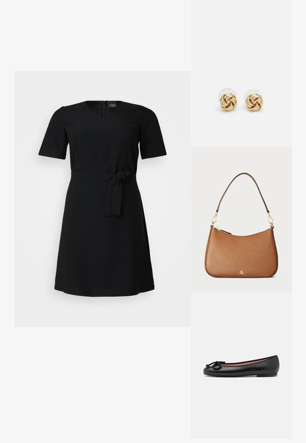 Crna haljina s kratkim rukavima, V-izrezom i pojasom na vezanje. Napravljena od glatkog, laganog materijala. Jednostavan, elegantan dizajn.; Crni kožni baletni stan sa okruglim prstom, s dekorativnom mašnom i glatkom teksturom. Minimalistički dizajn s niskom, ravnom petom.; Smešani smeđi kožni rukohvat sa zakrivljenim oblikom, zlatnim hardverom i jednim remenom za rame. Ima zatvaranje na patentni zatvarač i detalj s logotipom.; Naušnice na stud s zlatnim tonom i uvrnutim dizajnom. Svaka naušnica ima okruglu prozirnu podlogu za sigurno nošenje.