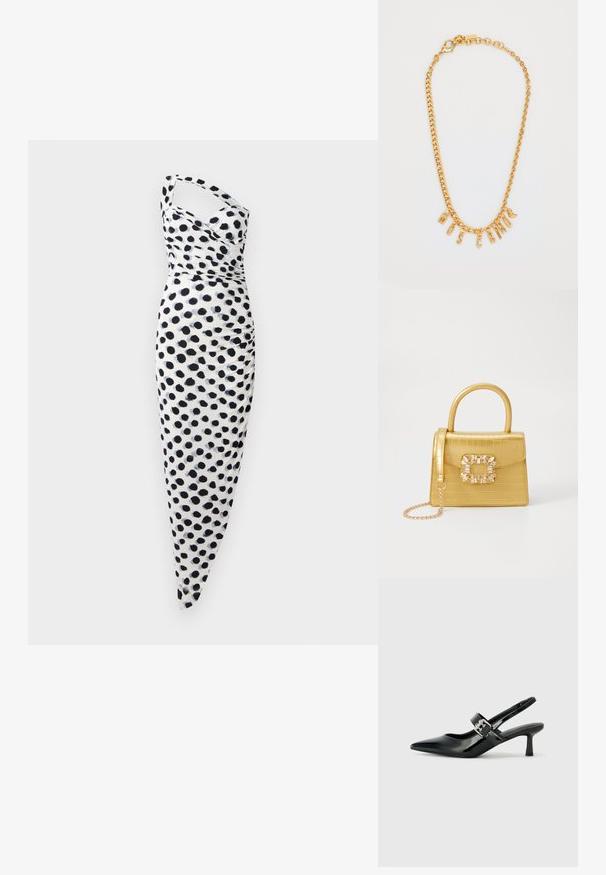 Vitt klänning med en axeldesign, prydd med svarta prickar, och en kroppsnära passform med rynkade detaljer längs sidan.; Svarta patentläder slingback-klackar med spetsig tå och en liten blockklack, med en silvrig spänneaccent på remmen.; Gul faux-krokodilhandväska med en strukturerad design, topphandtag, avtagbar kedjesladd och dekorativa kristalldekorationer på klämman.; Guldkedja med hängande bokstäver som stavar "MOSCATO." Slät yta med en lobsterspänne och länkard i varierande storlekar.