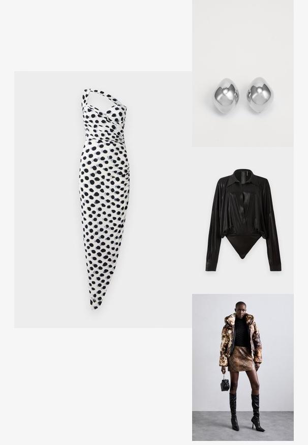 Bílé šaty s asymetrickým designem na jedno rameno, zdobené černými puntíky, s upnutým střihem a nařasenými detaily po straně.; Černý body s dlouhými rukávy, výstřihem do V a přiléhavým střihem. Vyrobeno z lesklého, hladkého materiálu se strukturovaným límcem a manžetami.; Puffa bunda s hnědým a černým vzorem, zkombinovaná s hnědou mini sukní s hadím vzorem, černými vysokými botami a malou černou taškou.; Stříbrné kovové náušnice s hladkým, zaobleným tvarem, s leštěným povrchem a odrazivým leskem. Minimalistický design bez ozdob.