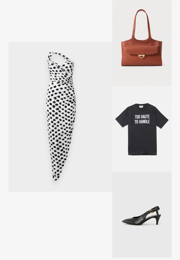 Balta kleita ar vienu plecu, rotāta ar melniem punktiņiem, ķermeni piegulošs piegriezums ar savākšanas detaļām sānos.; Melna kokvilnas T-kreklu ar īsām piedurknēm un apaļu kakla izgriezumu, ar baltu tekstu "PĀRĀK KARSTS, LAI TIKT UZMANĪTS" uz Priekšpuses.; Melnas ādas siksnu pumpas ar norādītu pirkstu, nelielu papēdi un sprādzes detaļu uz potītes siksnas. Gluda tekstūra, minimalistisks dizains.; Brūna ādas somiņa ar garām rokturiem, priekšējā kabata ar atloku un zelta sirds formas sprādze, uz kuras ir iegravēts "Love Moschino."