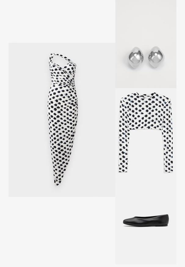 Fehér ruha, amely egy vállon hordható dizájnnal rendelkezik, fekete pöttyökkel díszítve, testhez simuló fazonnal és oldalt redőzött részletekkel.; Rövidített hosszú ujjú felső rugalmas fehér anyagból, fekete pöttyös mintával, sima textúrával és kerek nyakkivágással.; Paul Smith TOPANGA - Balerina cipők - black; Ezüst fém fülbevalók sima, kerek formával, fényes felülettel és tükröződő hálózattal. Minimalista design, díszítések nélkül.